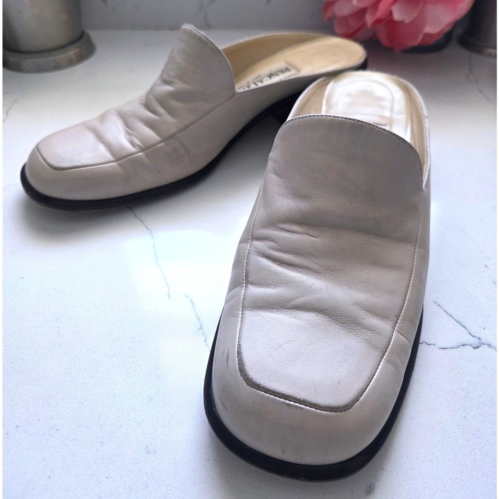 VTG Pancaldi Italy Cream Leather Square Toe Block Heel Mules 02 3161 Size 9 B